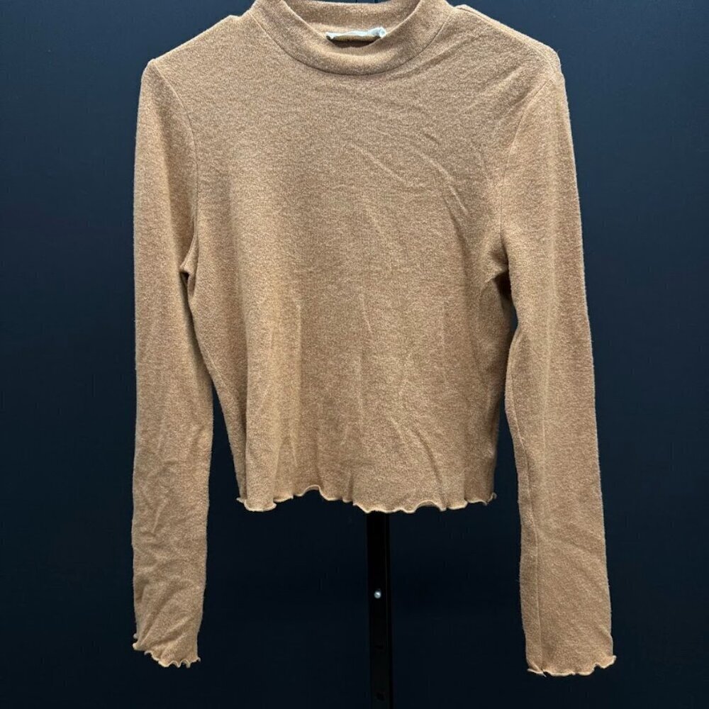 All in Favor Brown Mock Neck Lettuce Edge Long Sleeve Top